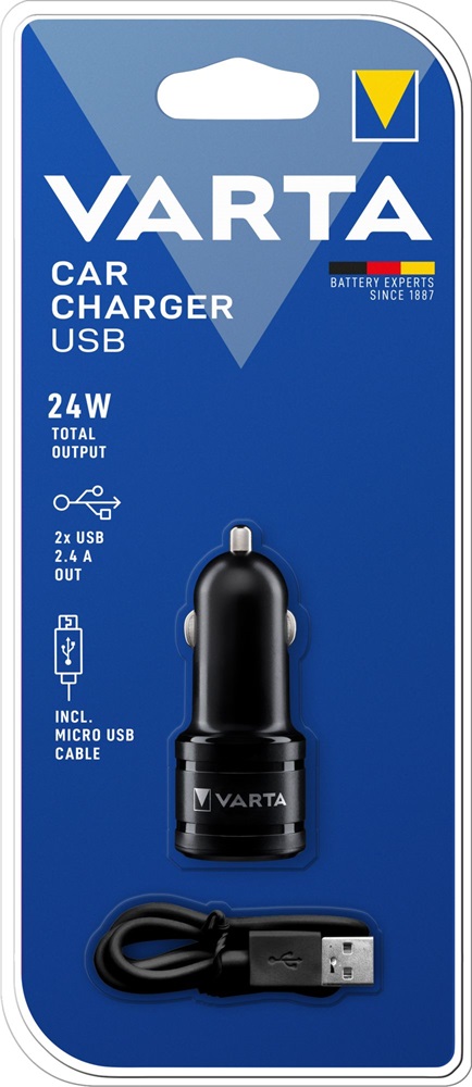 Varta 57931101401 4,8A univerzális 2xUSB fekete autós töltő Micro USB kábellel
