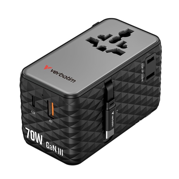 Verbatim 30186 Charge n Travel 70W fekete univerzális utazó adapter 2xUSB-C kábellel