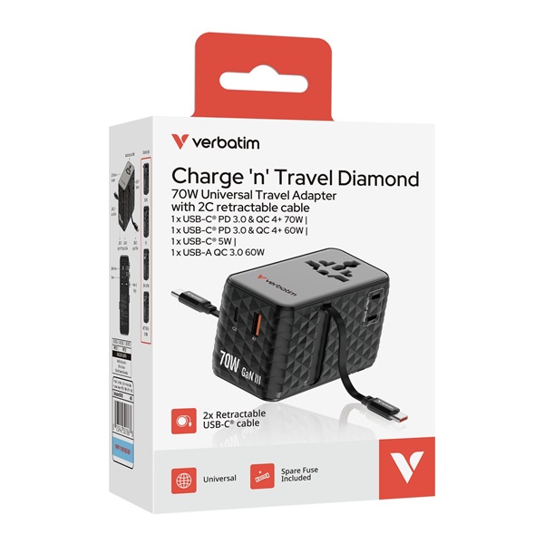 Verbatim 30186 Charge n Travel 70W fekete univerzális utazó adapter 2xUSB-C kábellel
