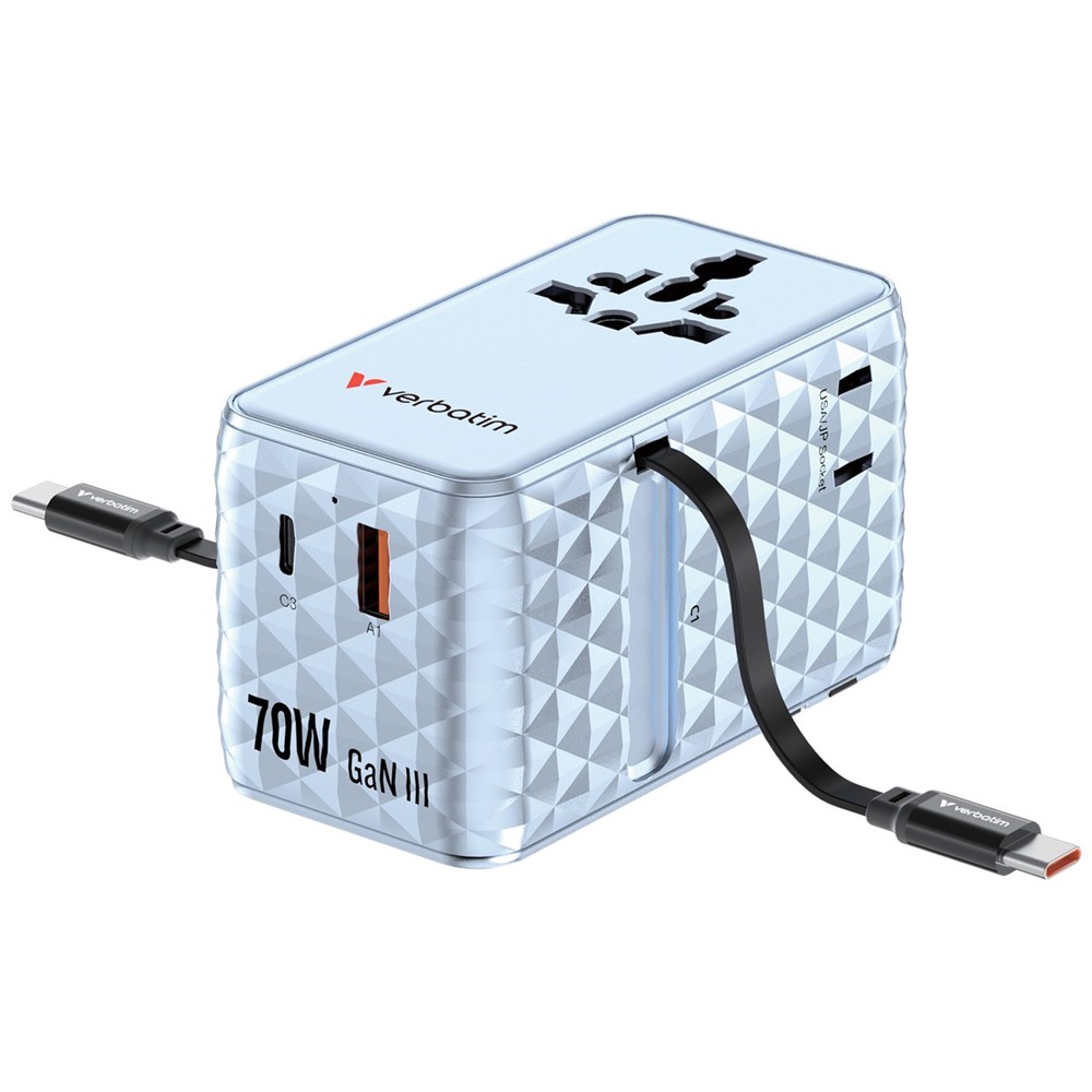 Verbatim 30187 Charge n Travel 70W kék univerzális utazó adapter 2xUSB-C kábellel