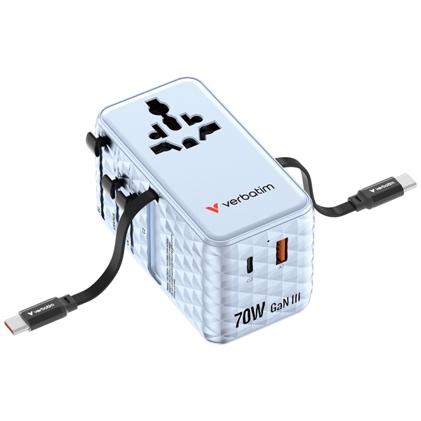 Verbatim 30187 Charge n Travel 70W kék univerzális utazó adapter 2xUSB-C kábellel