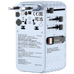 Verbatim 30187 Charge n Travel 70W kék univerzális utazó adapter 2xUSB-C kábellel