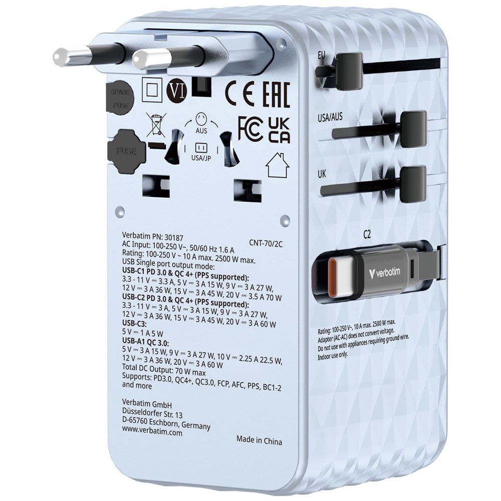 Verbatim 30187 Charge n Travel 70W kék univerzális utazó adapter 2xUSB-C kábellel