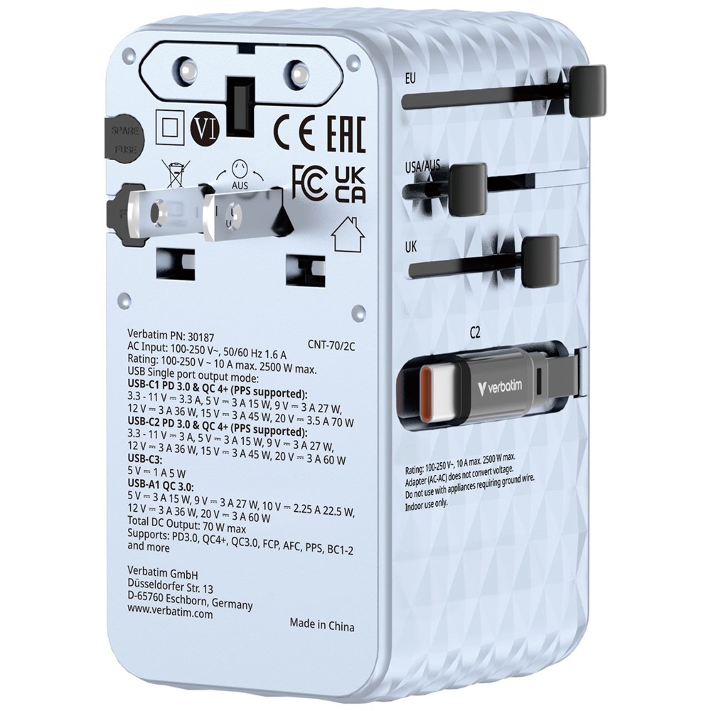 Verbatim 30187 Charge n Travel 70W kék univerzális utazó adapter 2xUSB-C kábellel