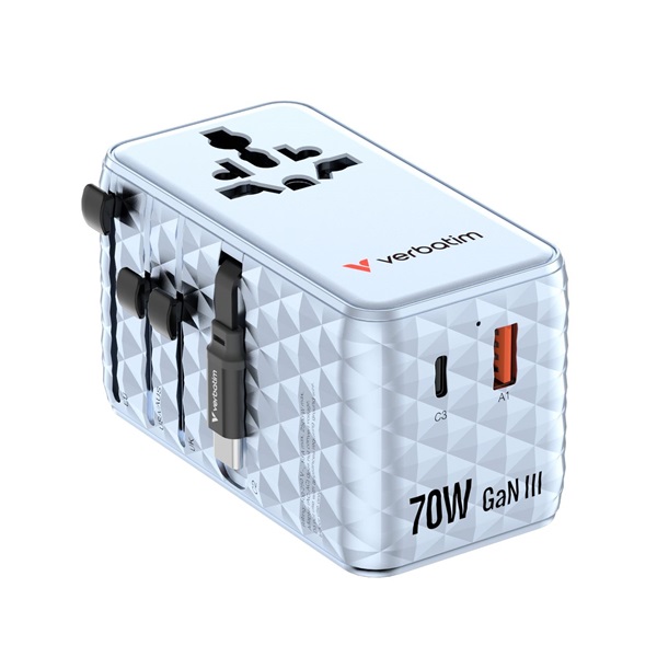 Verbatim 30187 Charge n Travel 70W kék univerzális utazó adapter 2xUSB-C kábellel