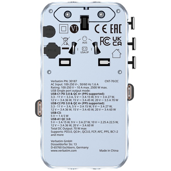 Verbatim 30187 Charge n Travel 70W kék univerzális utazó adapter 2xUSB-C kábellel