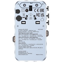 Verbatim 30187 Charge n Travel 70W kék univerzális utazó adapter 2xUSB-C kábellel