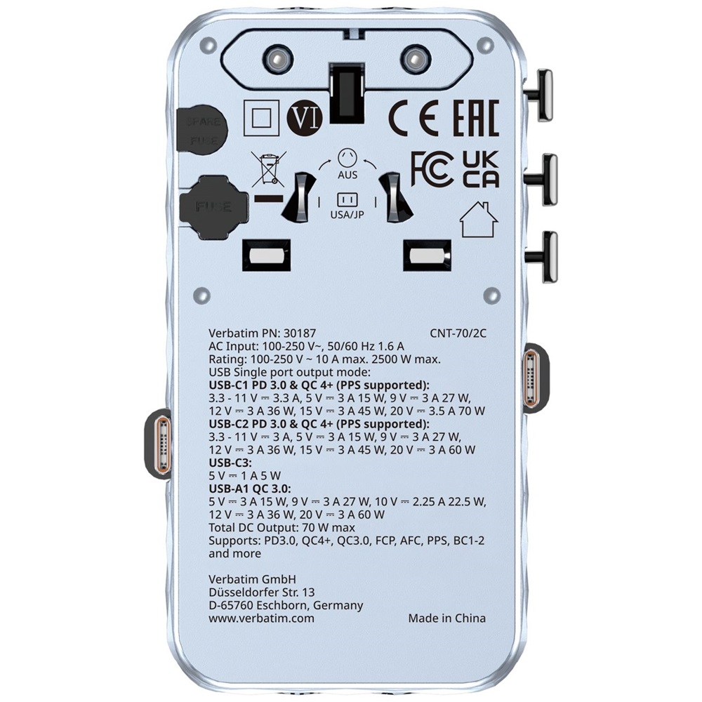 Verbatim 30187 Charge n Travel 70W kék univerzális utazó adapter 2xUSB-C kábellel