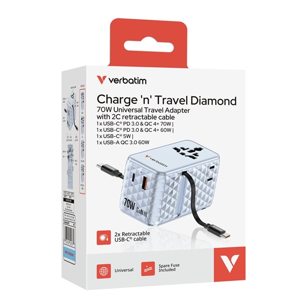 Verbatim 30187 Charge n Travel 70W kék univerzális utazó adapter 2xUSB-C kábellel