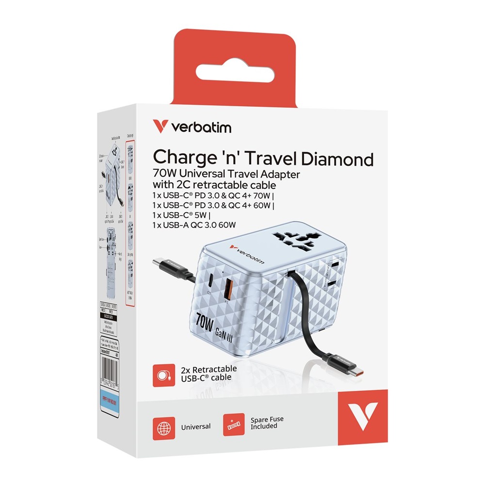 Verbatim 30187 Charge n Travel 70W kék univerzális utazó adapter 2xUSB-C kábellel