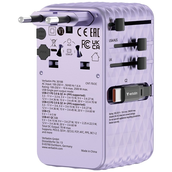 Verbatim 30188 Charge n Travel 70W lila univerzális utazó adapter 2xUSB-C kábellel