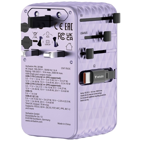 Verbatim 30188 Charge n Travel 70W lila univerzális utazó adapter 2xUSB-C kábellel