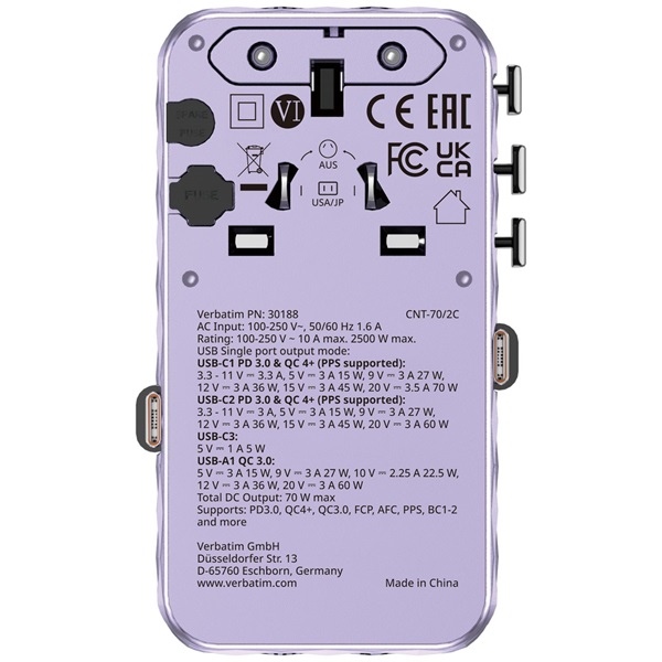 Verbatim 30188 Charge n Travel 70W lila univerzális utazó adapter 2xUSB-C kábellel