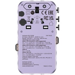 Verbatim 30188 Charge n Travel 70W lila univerzális utazó adapter 2xUSB-C kábellel