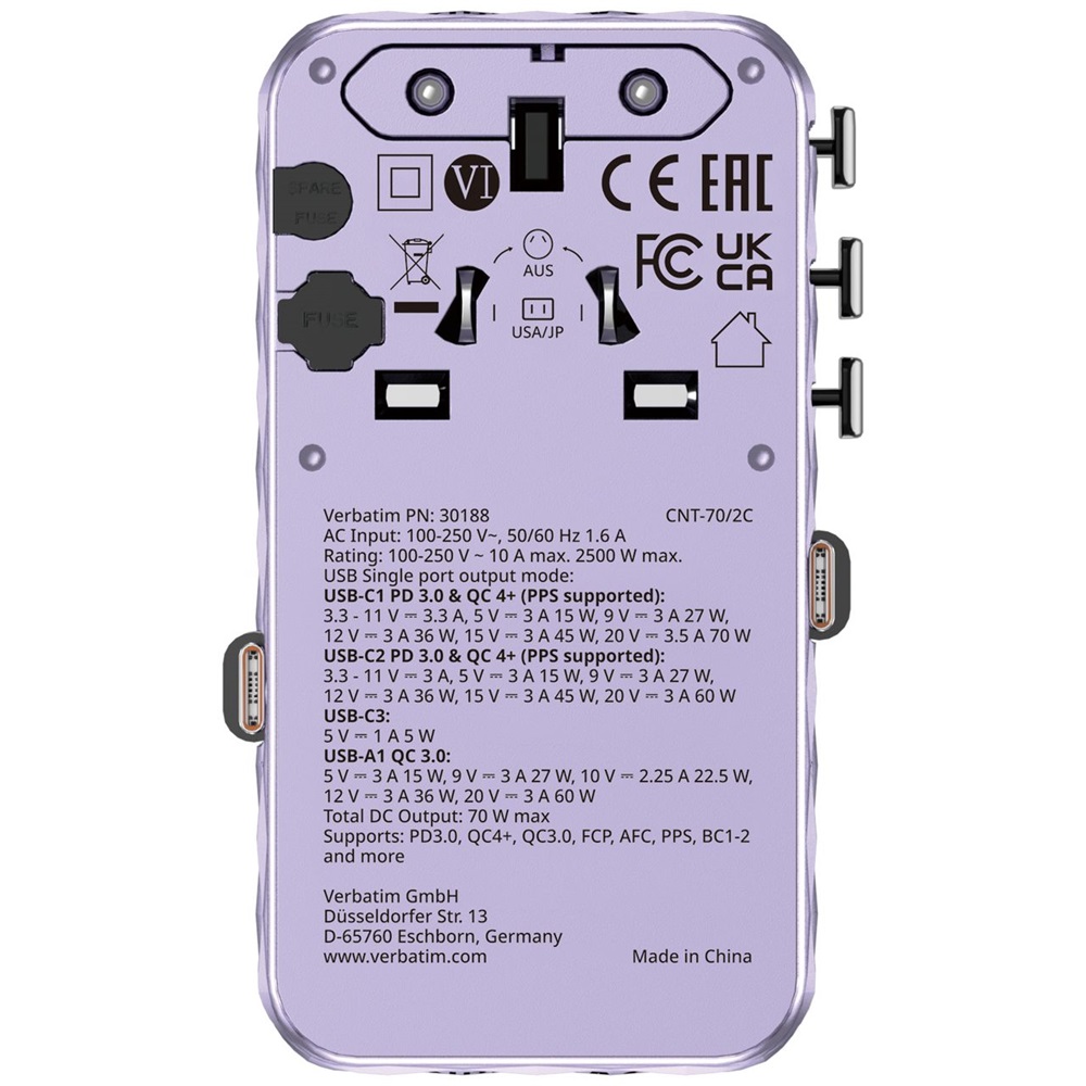 Verbatim 30188 Charge n Travel 70W lila univerzális utazó adapter 2xUSB-C kábellel