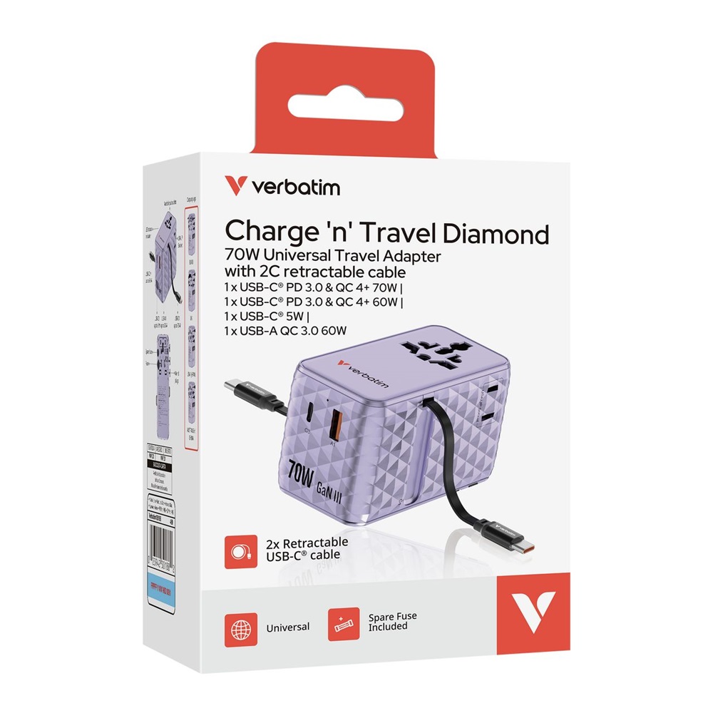 Verbatim 30188 Charge n Travel 70W lila univerzális utazó adapter 2xUSB-C kábellel