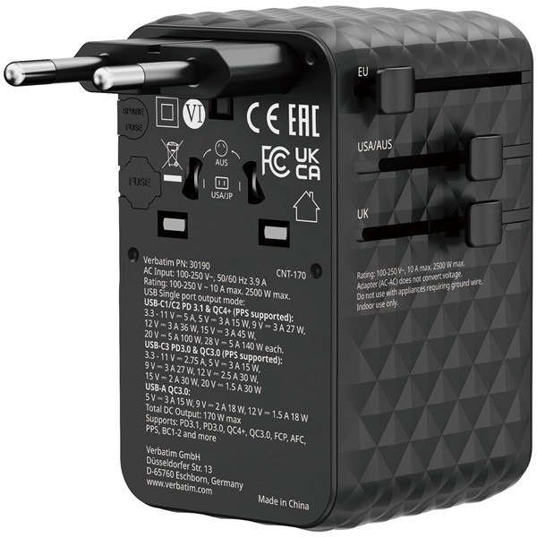 Verbatim 30190 Charge n Travel 170W fekete univerzális utazó adapter