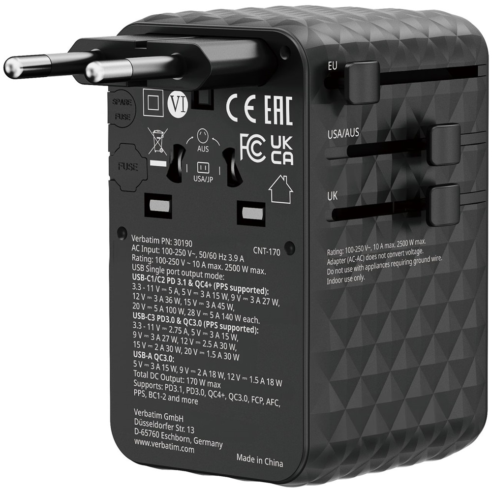 Verbatim 30190 Charge n Travel 170W fekete univerzális utazó adapter