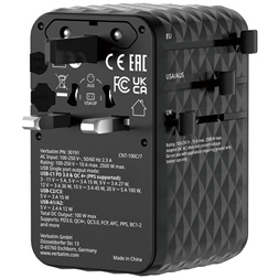 Verbatim 30191 Charge n Travel 100W fekete univerzális utazó adapter USB-C kábellel