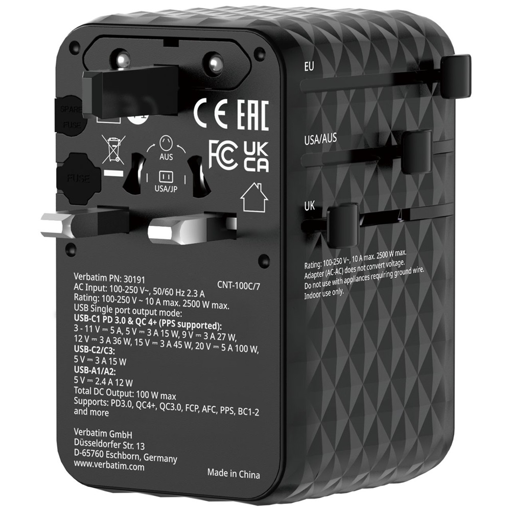 Verbatim 30191 Charge n Travel 100W fekete univerzális utazó adapter USB-C kábellel