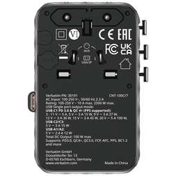Verbatim 30191 Charge n Travel 100W fekete univerzális utazó adapter USB-C kábellel