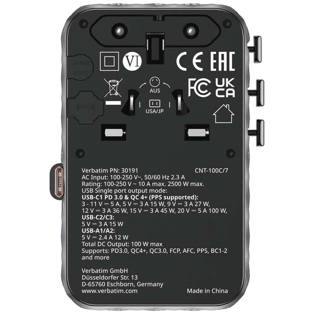 Verbatim 30191 Charge n Travel 100W fekete univerzális utazó adapter USB-C kábellel