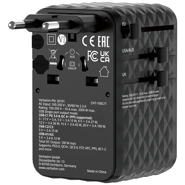 Verbatim 30191 Charge n Travel 100W fekete univerzális utazó adapter USB-C kábellel