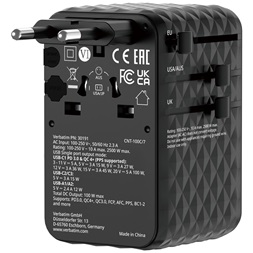 Verbatim 30191 Charge n Travel 100W fekete univerzális utazó adapter USB-C kábellel