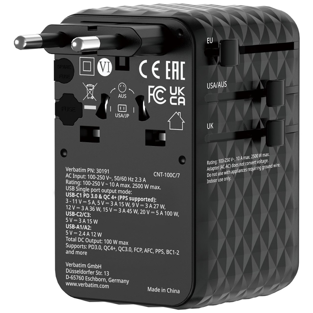 Verbatim 30191 Charge n Travel 100W fekete univerzális utazó adapter USB-C kábellel