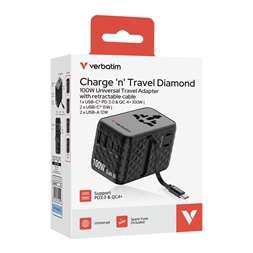 Verbatim 30191 Charge n Travel 100W fekete univerzális utazó adapter USB-C kábellel