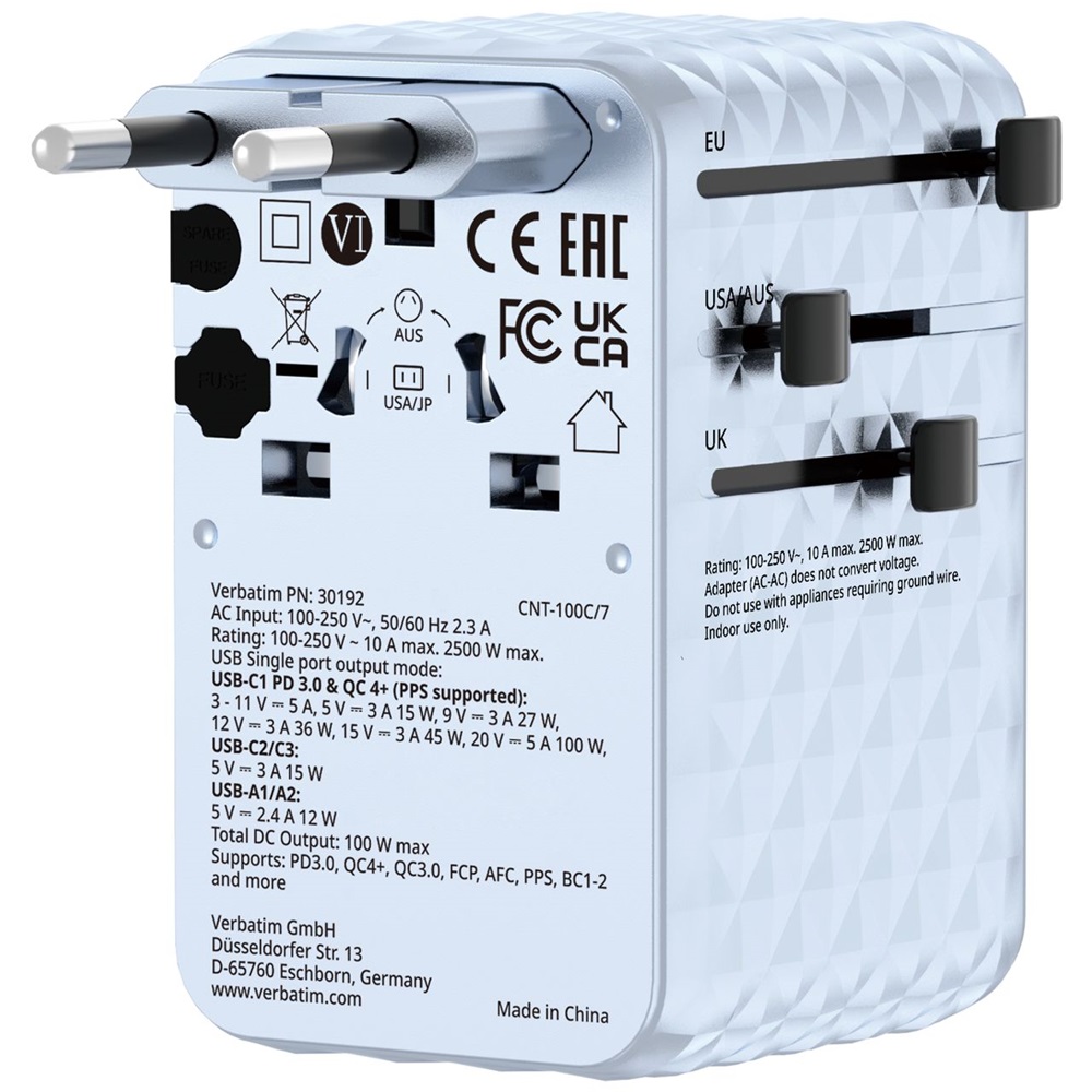 Verbatim 30192 Charge n Travel 100W kék univerzális utazó adapter USB-C kábellel
