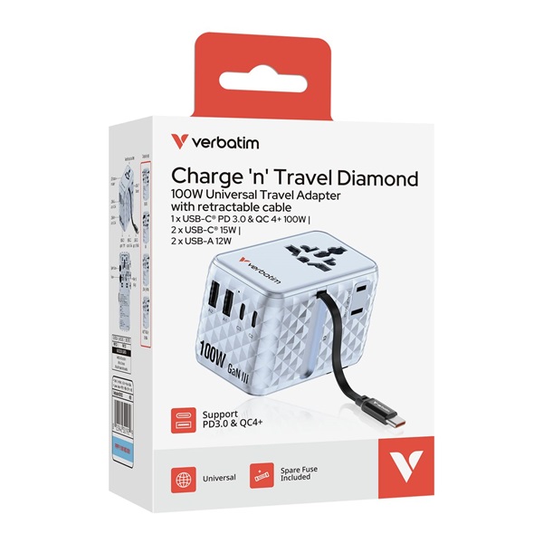 Verbatim 30192 Charge n Travel 100W kék univerzális utazó adapter USB-C kábellel