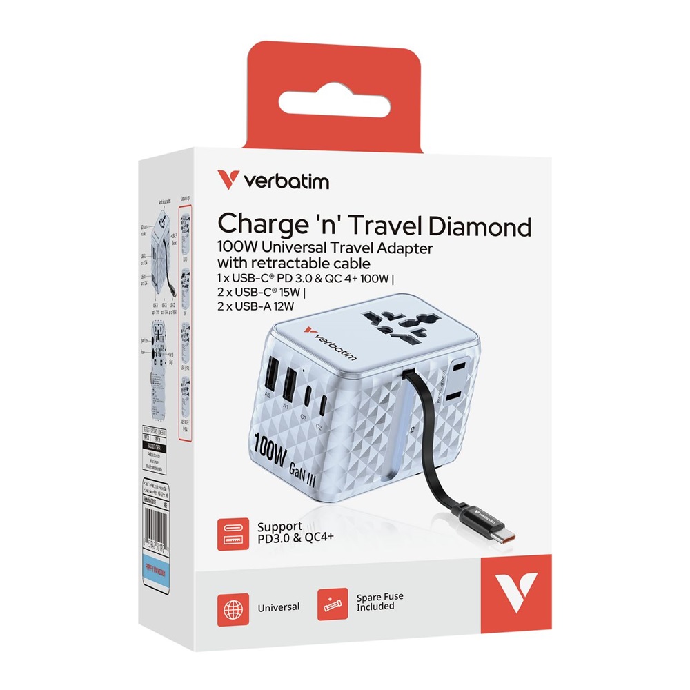 Verbatim 30192 Charge n Travel 100W kék univerzális utazó adapter USB-C kábellel