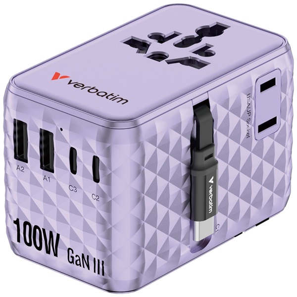Verbatim 30193 Charge n Travel 100W lila univerzális utazó adapter USB-C kábellel