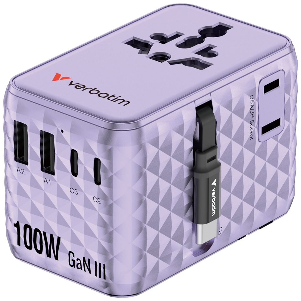Verbatim 30193 Charge n Travel 100W lila univerzális utazó adapter USB-C kábellel