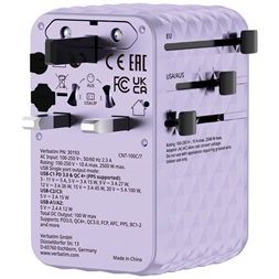 Verbatim 30193 Charge n Travel 100W lila univerzális utazó adapter USB-C kábellel