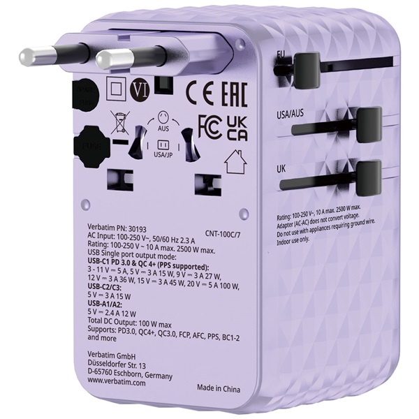 Verbatim 30193 Charge n Travel 100W lila univerzális utazó adapter USB-C kábellel