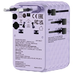 Verbatim 30193 Charge n Travel 100W lila univerzális utazó adapter USB-C kábellel