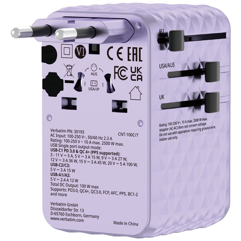 Verbatim 30193 Charge n Travel 100W lila univerzális utazó adapter USB-C kábellel