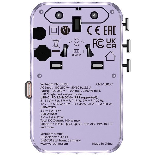 Verbatim 30193 Charge n Travel 100W lila univerzális utazó adapter USB-C kábellel