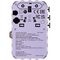 Verbatim 30193 Charge n Travel 100W lila univerzális utazó adapter USB-C kábellel