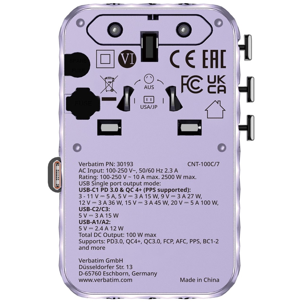 Verbatim 30193 Charge n Travel 100W lila univerzális utazó adapter USB-C kábellel