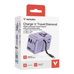 Verbatim 30193 Charge n Travel 100W lila univerzális utazó adapter USB-C kábellel
