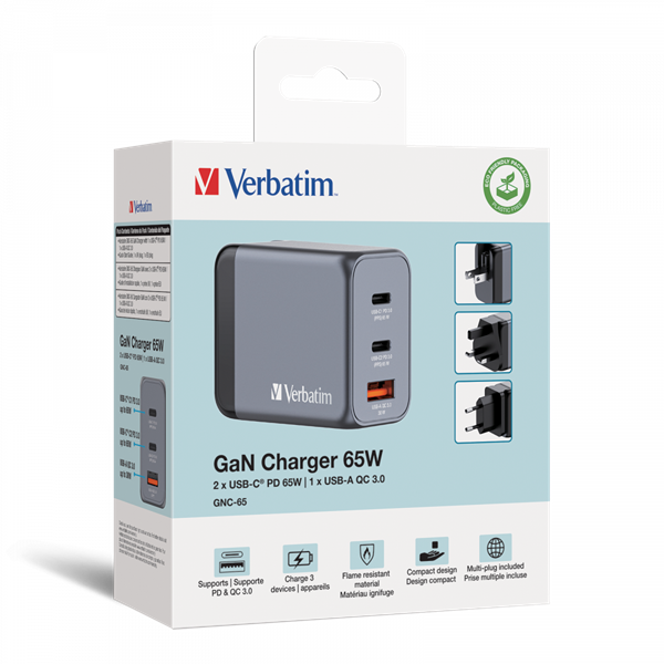 Verbatim 32201 GNC-65 GaN Charger 65W USB Type-A + 2xType-C hálózati töltő adapter