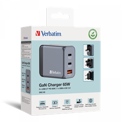 Verbatim 32201 GNC-65 GaN Charger 65W USB Type-A + 2xType-C hálózati töltő adapter