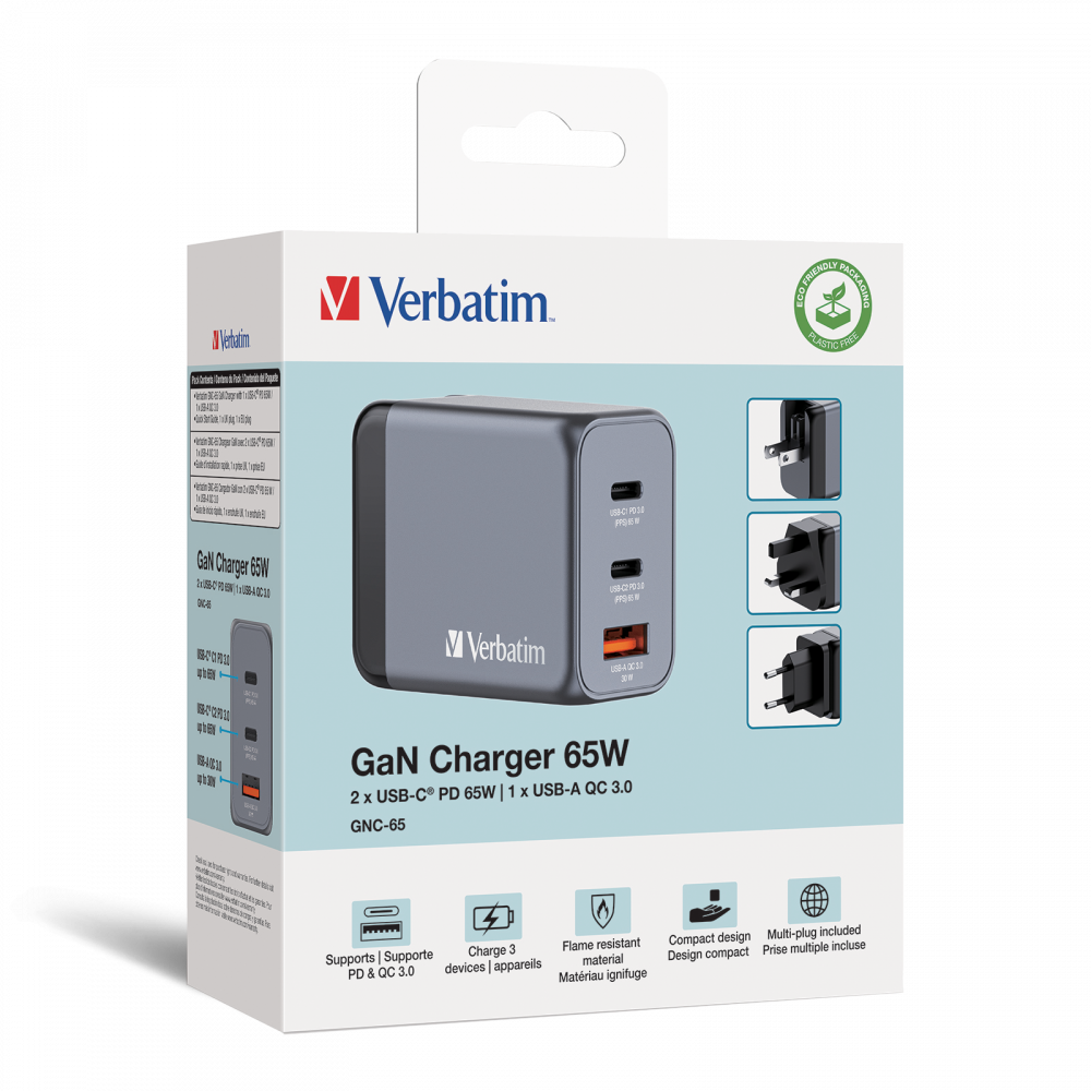 Verbatim 32201 GNC-65 GaN Charger 65W USB Type-A + 2xType-C hálózati töltő adapter