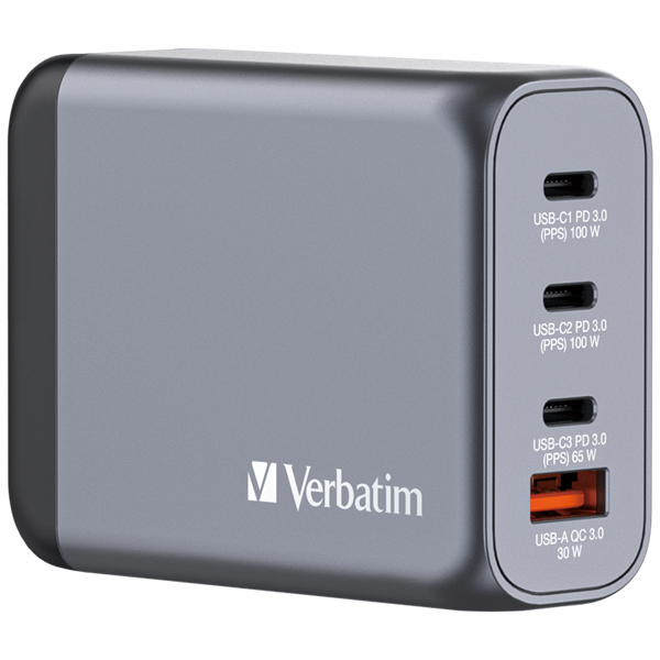 Verbatim 32202 GNC-100 GaN Charger 100W USB Type-A + 3xType-C hálózati töltő adapter