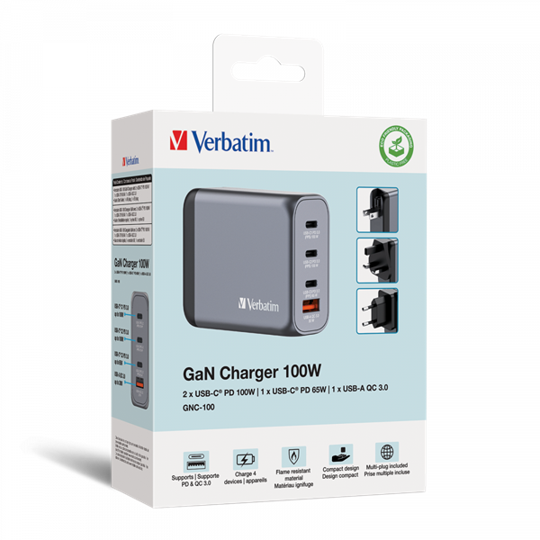 Verbatim 32202 GNC-100 GaN Charger 100W USB Type-A + 3xType-C hálózati töltő adapter