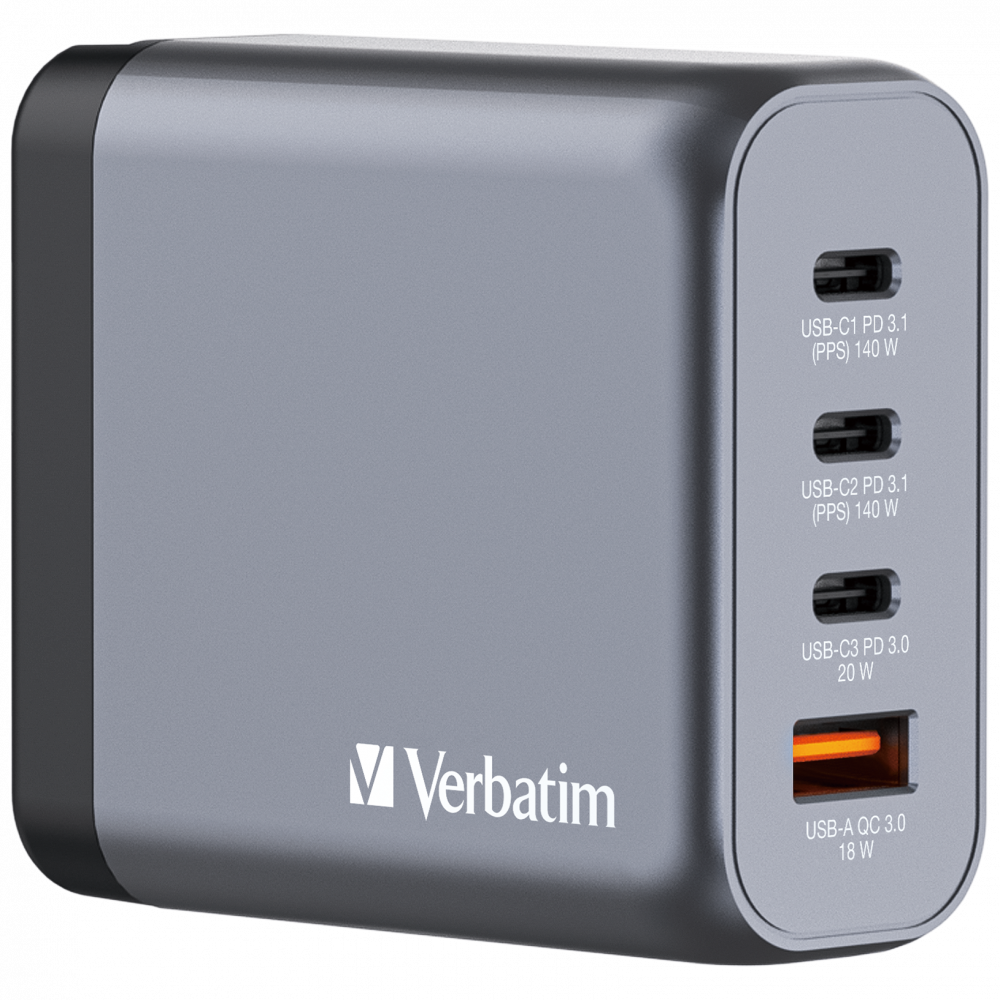 Verbatim 32203 GNC-140 GaN Charger 140W USB Type-A + 3xType-C hálózati töltő adapter