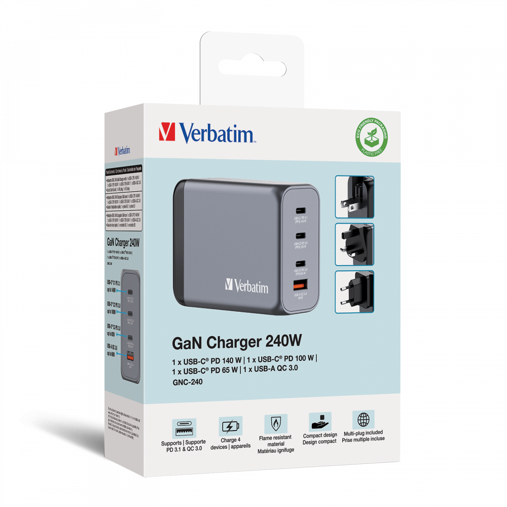 Verbatim 32205 GNC-240 GaN Charger 240W USB Type-A + 3xType-C hálózati töltő adapter